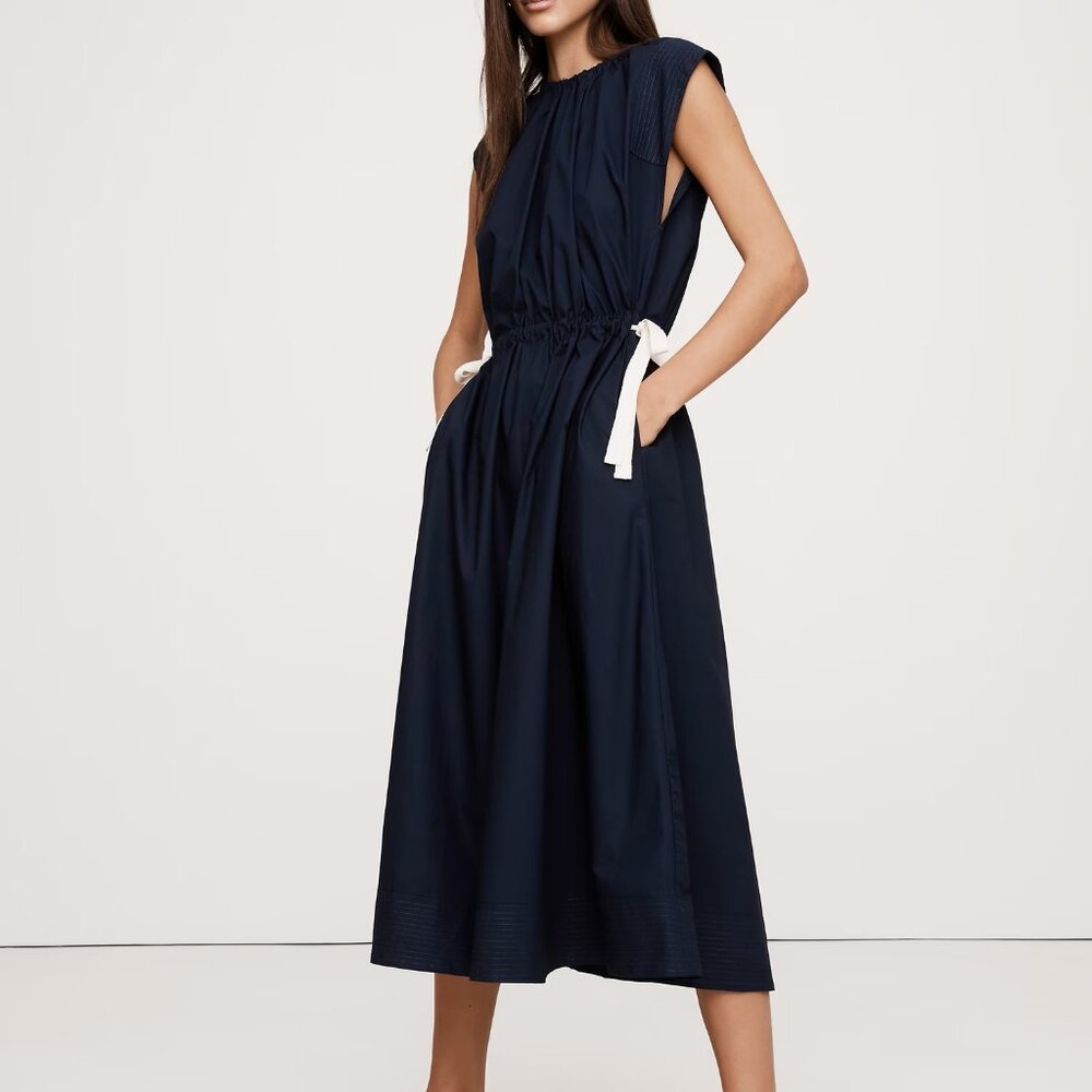 NWT! Banana Republic $160 Navy Blue Cotton Poplin Cinch-Waist Midi Dress XL Tall